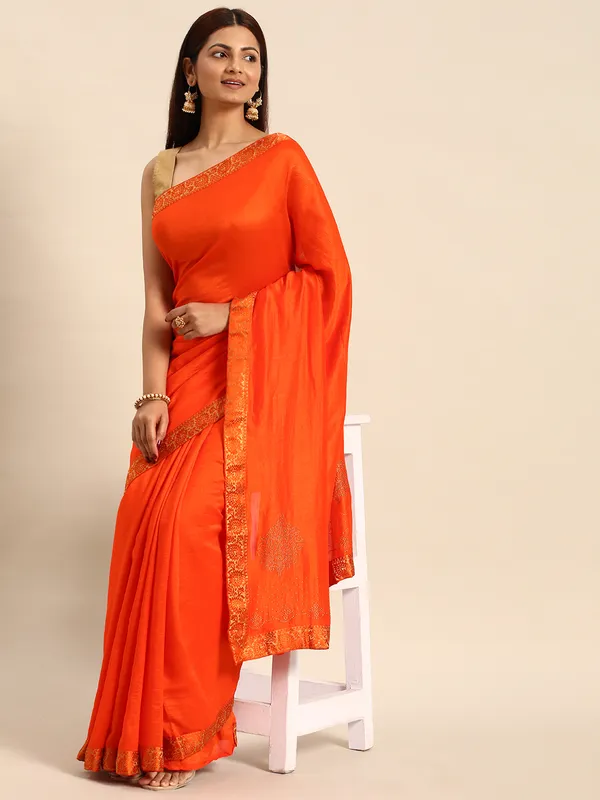Orange_Vichitra_Silk__Saree_Fancy_Border_With_Swaroski_Diamond_Work