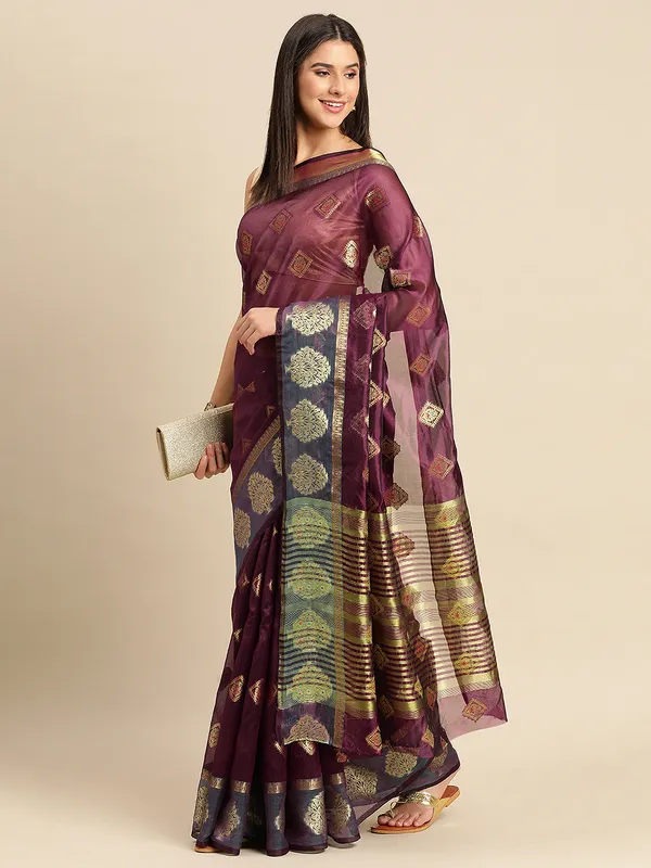 Wine_Organza_Silk_Saree
