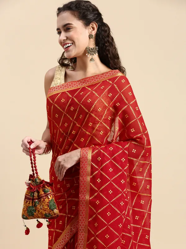 Red_Zomato_Bandhani_Foil_Work_Beautiful_Saree