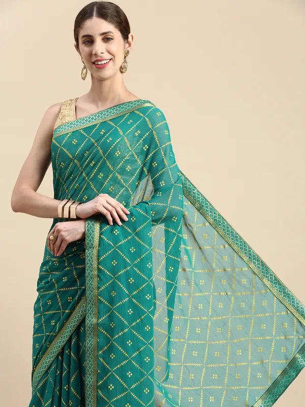 Turquoise_Green_Zomato_Bandhani_Foil_Work_Beautiful_Saree