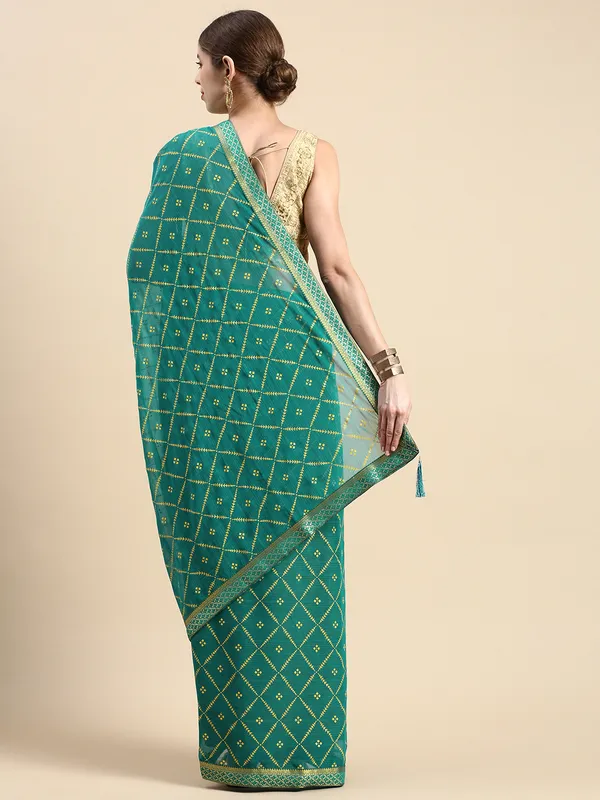 Turquoise_Green_Zomato_Bandhani_Foil_Work_Beautiful_Saree