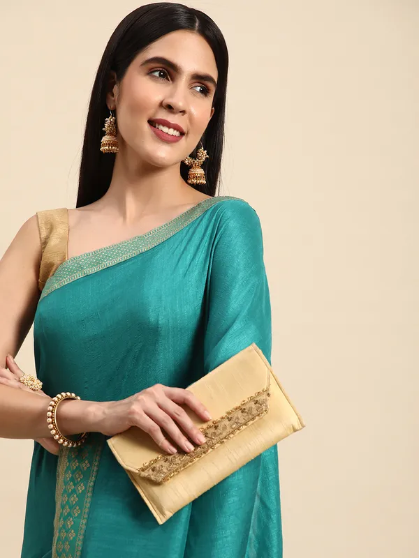 Indian_Women_Turquoise_Green_Vichitra_Silk_Fancy_Border
