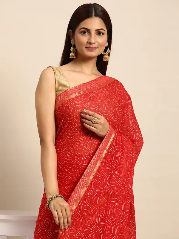 Indian_Women_Red_Zomato_Full_Saree_Fancy_Border_with_bandhni_print_Beautiful_saree