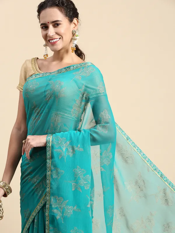 Green__Zomato__Saree_Fancy_Border_With_Foil_Print