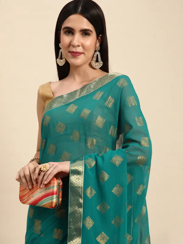 Indian_Women_Turquoise_Blue_Zomato_Full_Saree_Fancy_Border_Beautiful_saree