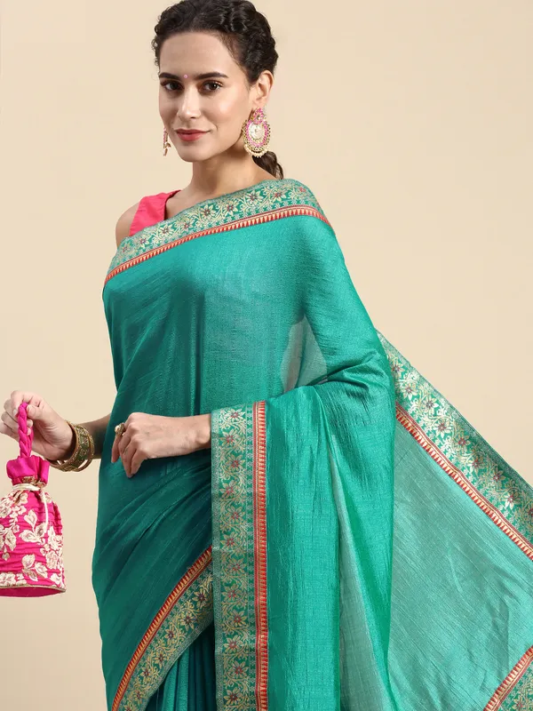Turquoise_Green_Vichitra_Silk_Fancy_Border_with_Fancy_Blouse_Beautiful_Saree