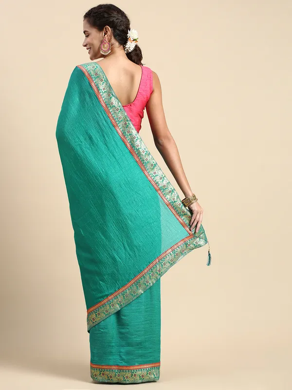Turquoise_Green_Vichitra_Silk_Fancy_Border_with_Fancy_Blouse_Beautiful_Saree