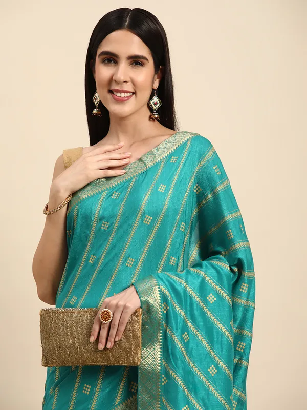 Indian_Women_Turquoise_Green_Vichitra_Silk_Foil_Work