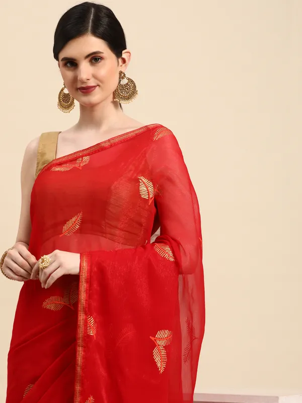 Indian_Women_Red_Shimmer__Full_Saree_Fancy_Border_with_sequence_work_Beautiful_saree