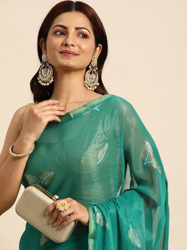 Indian_Women_Turquoise_Blue_Shimmer__Full_Saree_Fancy_Border_with_sequence_work_Beautiful_saree