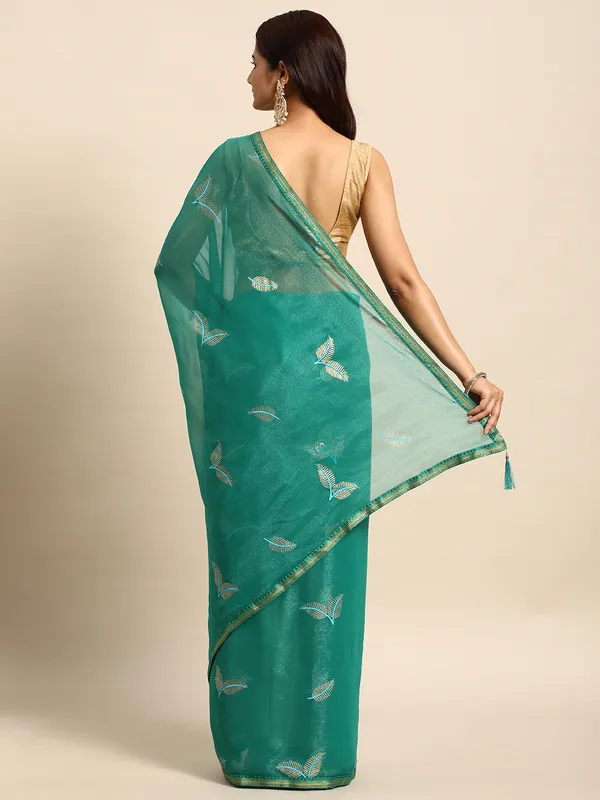 Indian_Women_Turquoise_Blue_Shimmer__Full_Saree_Fancy_Border_with_sequence_work_Beautiful_saree