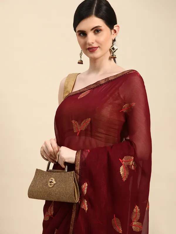 Indian_Women_Maroon_Shimmer__Full_Saree_Fancy_Border_with_sequence_work_Beautiful_saree