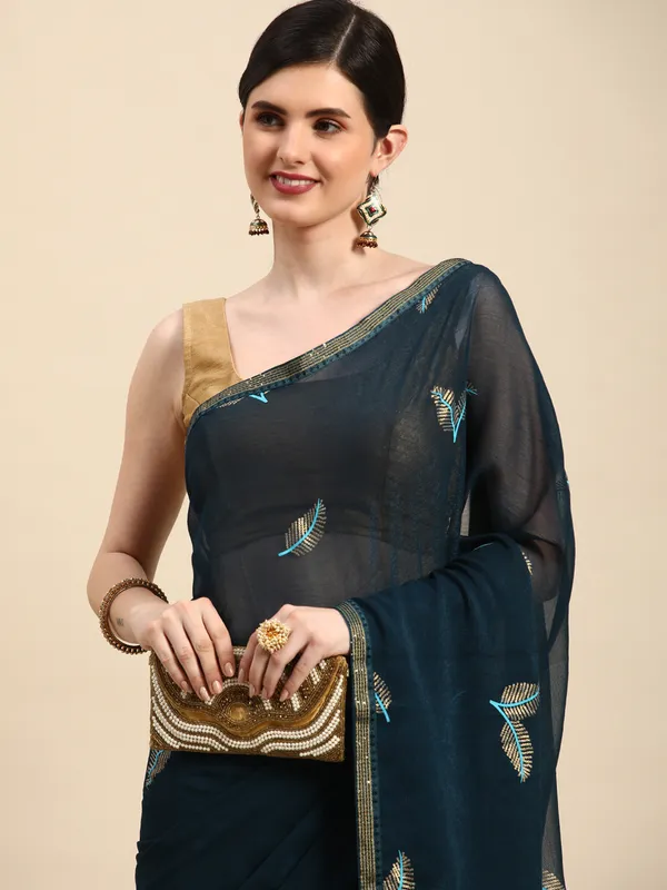 Indian_Women_Blue_Shimmer__Full_Saree_Fancy_Border_with_sequence_work_Beautiful_saree