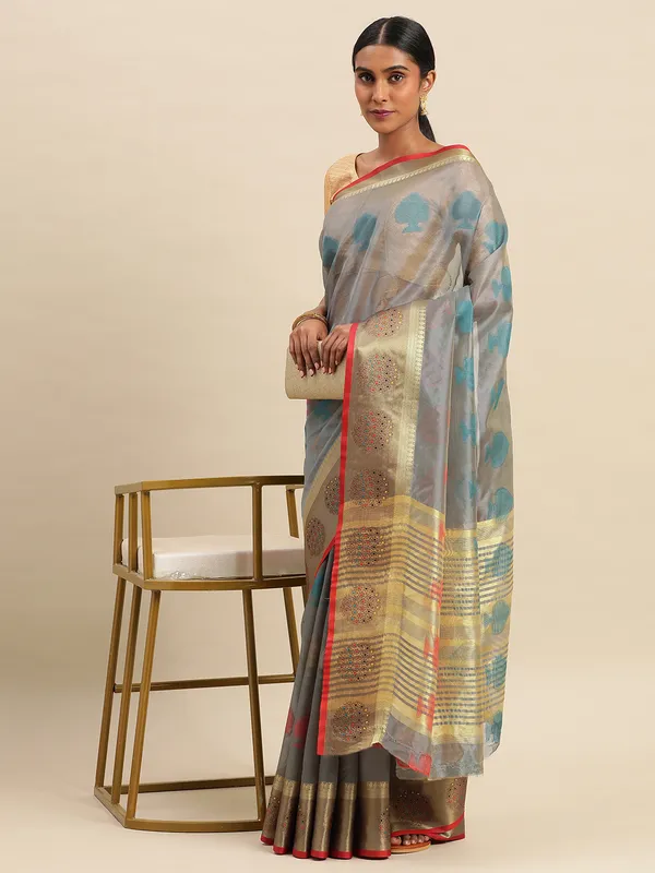 Grey_Organza_Silk_Saree