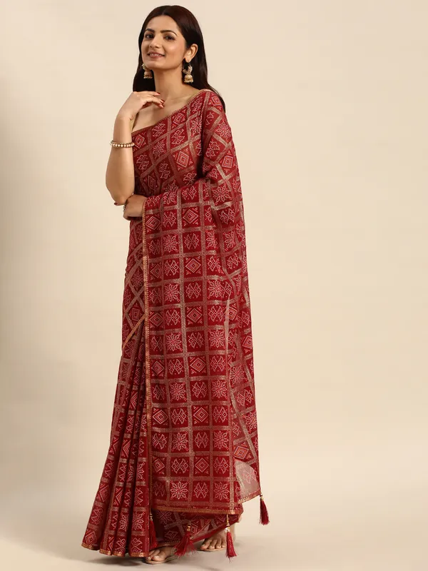 Indian_Women_Maroon_Zomato_Bandhani_Foil_Work_Beautiful_Saree