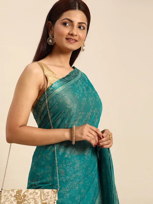 Turquoise_Green_Shimmer__Foil_Work_Beautiful_Saree