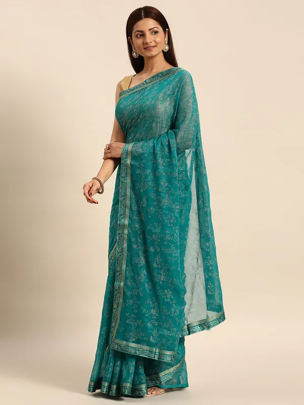 Turquoise_Green_Shimmer__Foil_Work_Beautiful_Saree