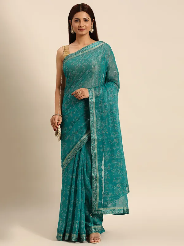 Turquoise_Green_Shimmer__Foil_Work_Beautiful_Saree