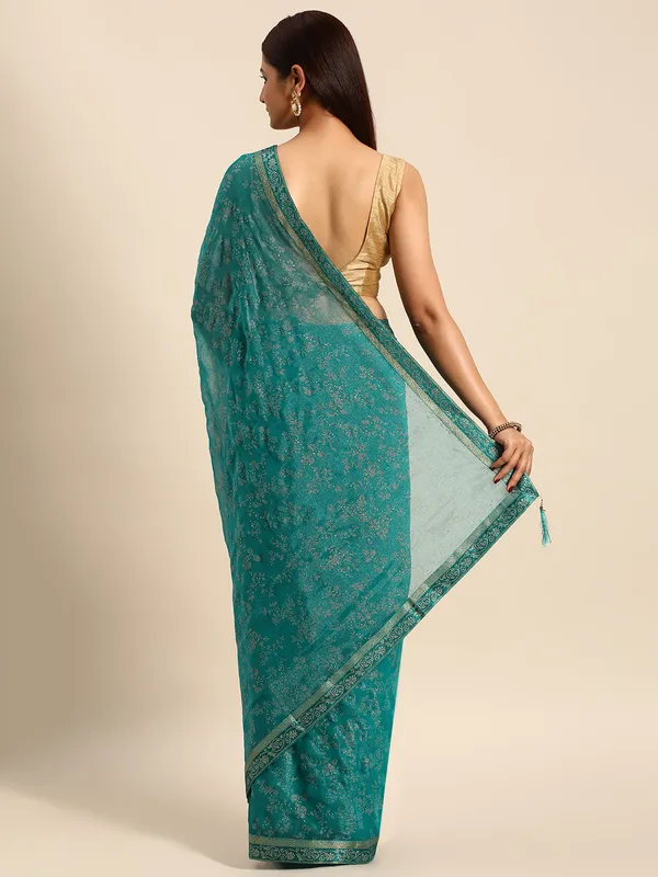 Turquoise_Green_Shimmer__Foil_Work_Beautiful_Saree