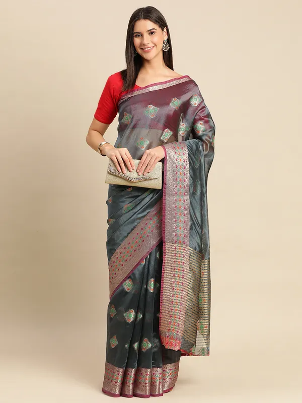 Grey_Organza_Silk_Saree