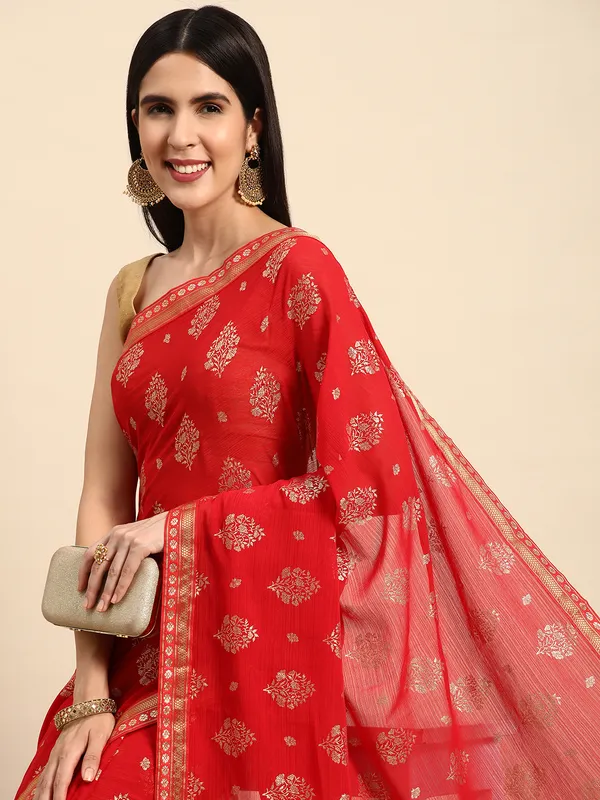 Indian_Women_Red_Zomato_Full_Saree_Fancy_Border_with_Golden_Foil_Beautiful_saree