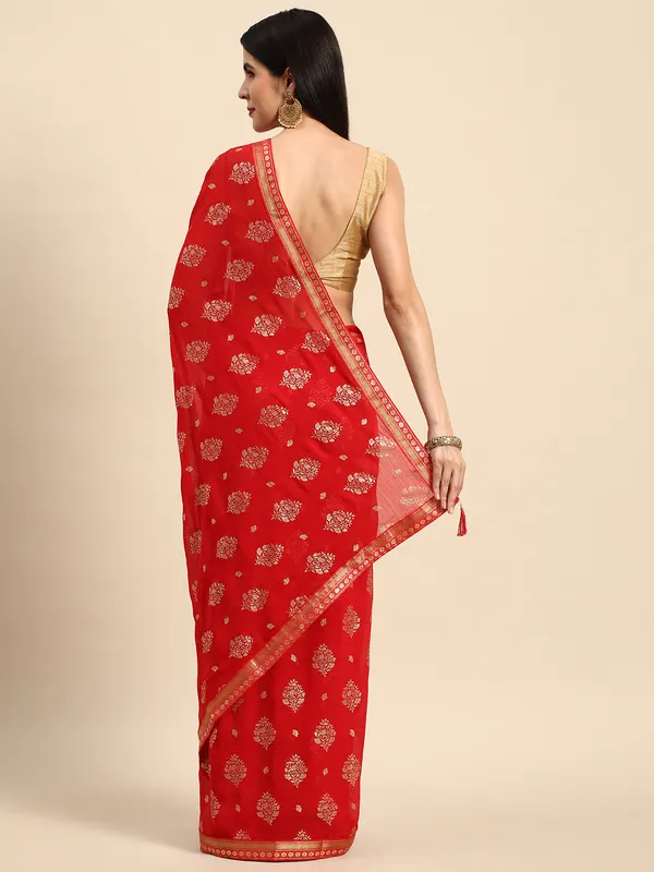 Indian_Women_Red_Zomato_Full_Saree_Fancy_Border_with_Golden_Foil_Beautiful_saree