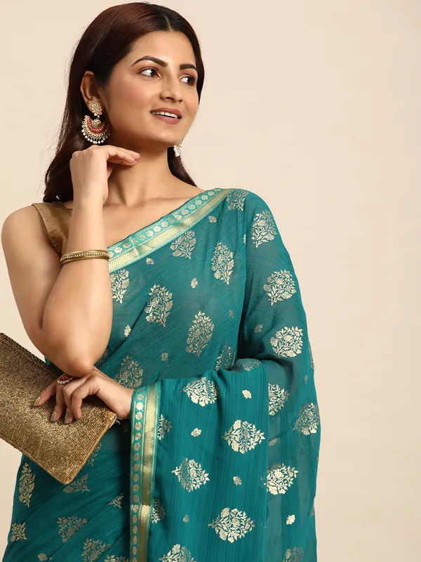 Indian_Women_Turquoise_Blue_Zomato_Full_Saree_Fancy_Border_with_Golden_Foil_Beautiful_saree