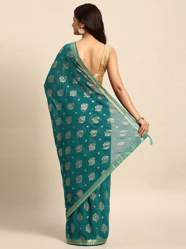 Indian_Women_Turquoise_Blue_Zomato_Full_Saree_Fancy_Border_with_Golden_Foil_Beautiful_saree