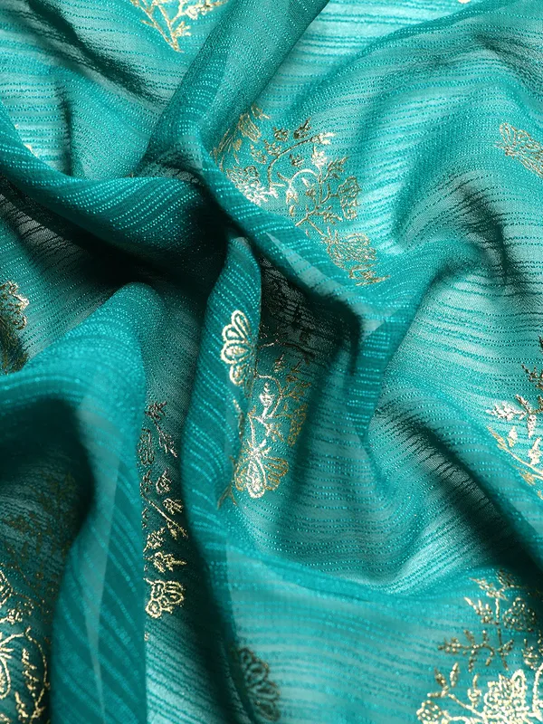 Indian_Women_Turquoise_Blue_Zomato_Full_Saree_Fancy_Border_with_Golden_Foil_Beautiful_saree