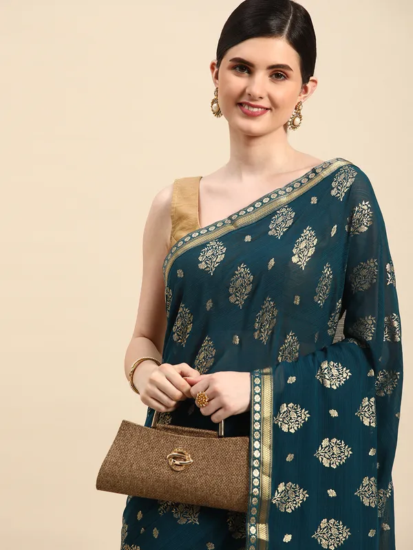 Indian_Women_Blue_Zomato_Full_Saree_Fancy_Border_with_Golden_Foil_Beautiful_saree