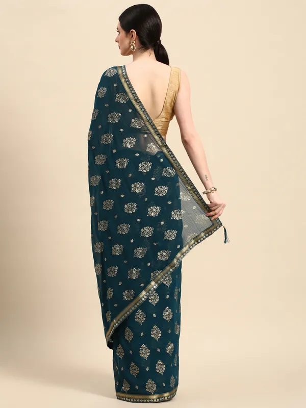 Indian_Women_Blue_Zomato_Full_Saree_Fancy_Border_with_Golden_Foil_Beautiful_saree