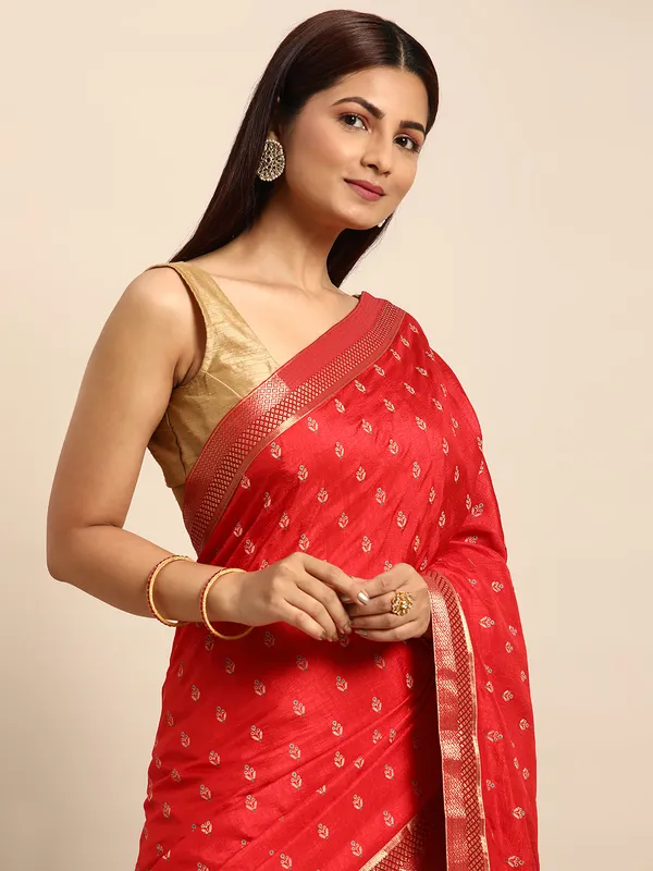 Red_Vichitra_Silk__Saree_Fancy_Border_with_Butti_Print_Beautiful_saree