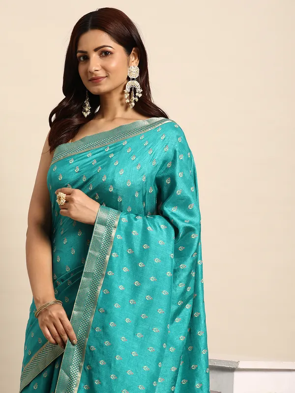 Turquoise_Blue_Vichitra_Silk__Saree_Fancy_Border_with_Butti_Print_Beautiful_saree