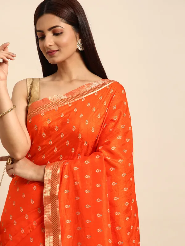 Orange__Vichitra_Silk__Saree_Fancy_Border_with_Butti_Print_Beautiful_saree