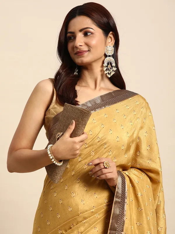 Brwon__Vichitra_Silk__Saree_Fancy_Border_with_Butti_Print_Beautiful_saree