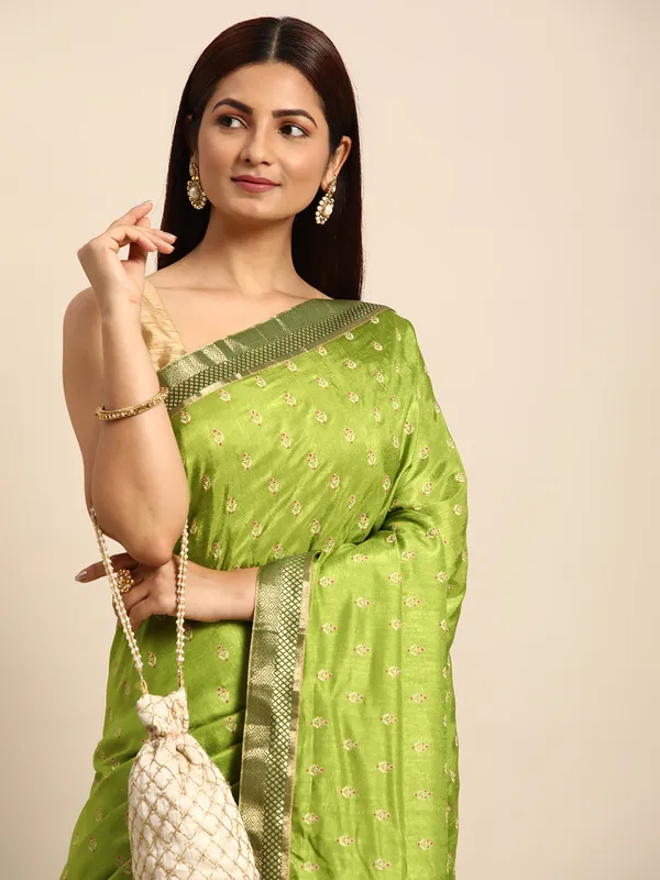Green_Vichitra_Silk__Saree_Fancy_Border_with_Butti_Print_Beautiful_saree