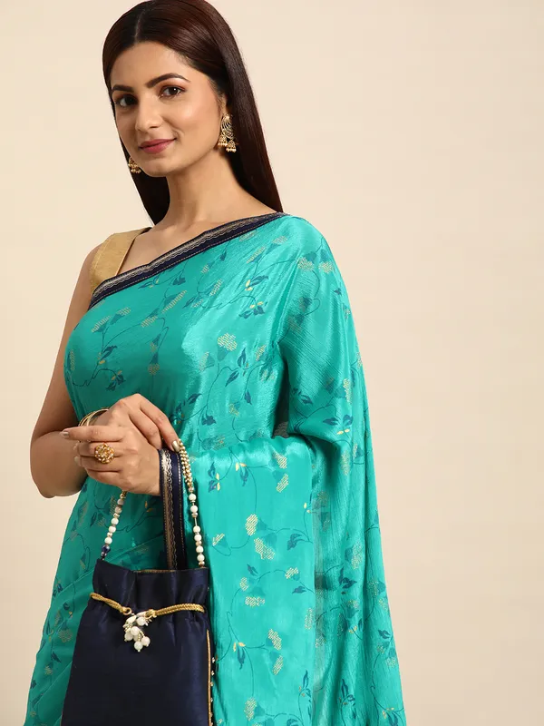 Indian_Women_Turquoise_Green_Chinon_Silk_Foil_Work
