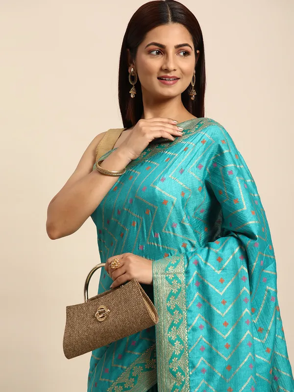 Turquoise_Green_Vichitra_Silk__Saree_Double_Foil_Work