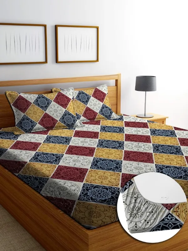 RED_DAMASSES_220_TC_-_Cotton_Elastic_Fitted_King/Queen_Size_Bedsheets_With_2_Pillow_Covers