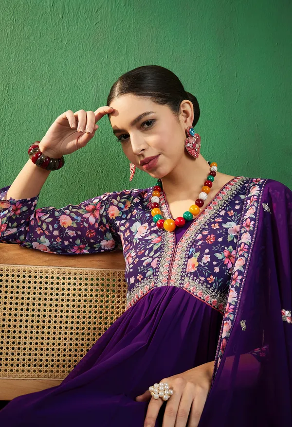 Purple_Georgette_Zari_Sequence_Embroidery_Digital_Print_Kurta_With_Pant_And_Dupatta