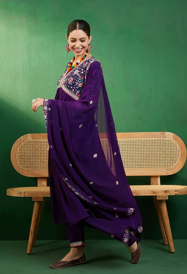 Purple_Georgette_Zari_Sequence_Embroidery_Digital_Print_Kurta_With_Pant_And_Dupatta