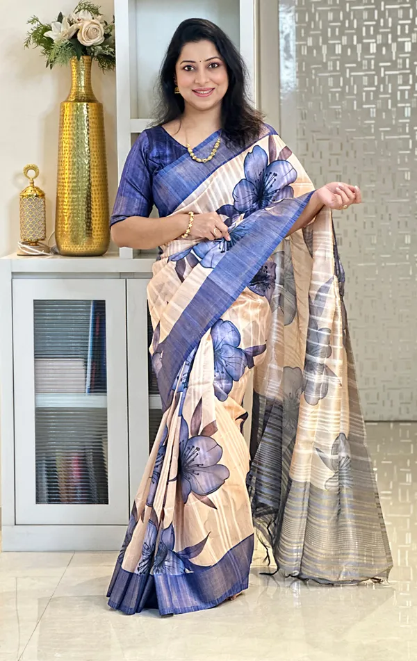 Kiran_Blue_–_Sunbeam_Navratri_Special_|_Soft_Tussar_Silk_Saree_with_Print,_Border_&_Contrast_Print_Blouse_with_Tassels