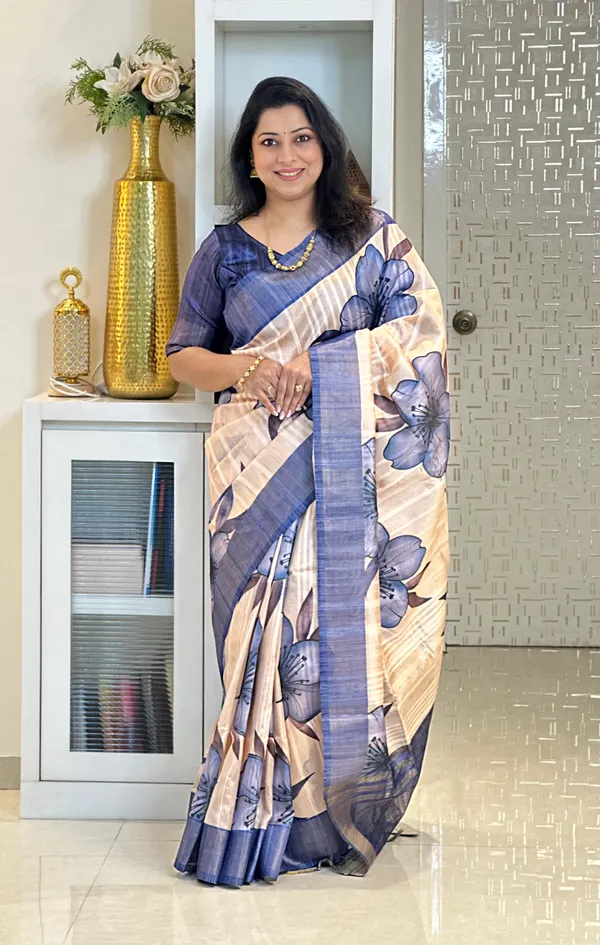 Kiran_Blue_–_Sunbeam_Navratri_Special_|_Soft_Tussar_Silk_Saree_with_Print,_Border_&_Contrast_Print_Blouse_with_Tassels