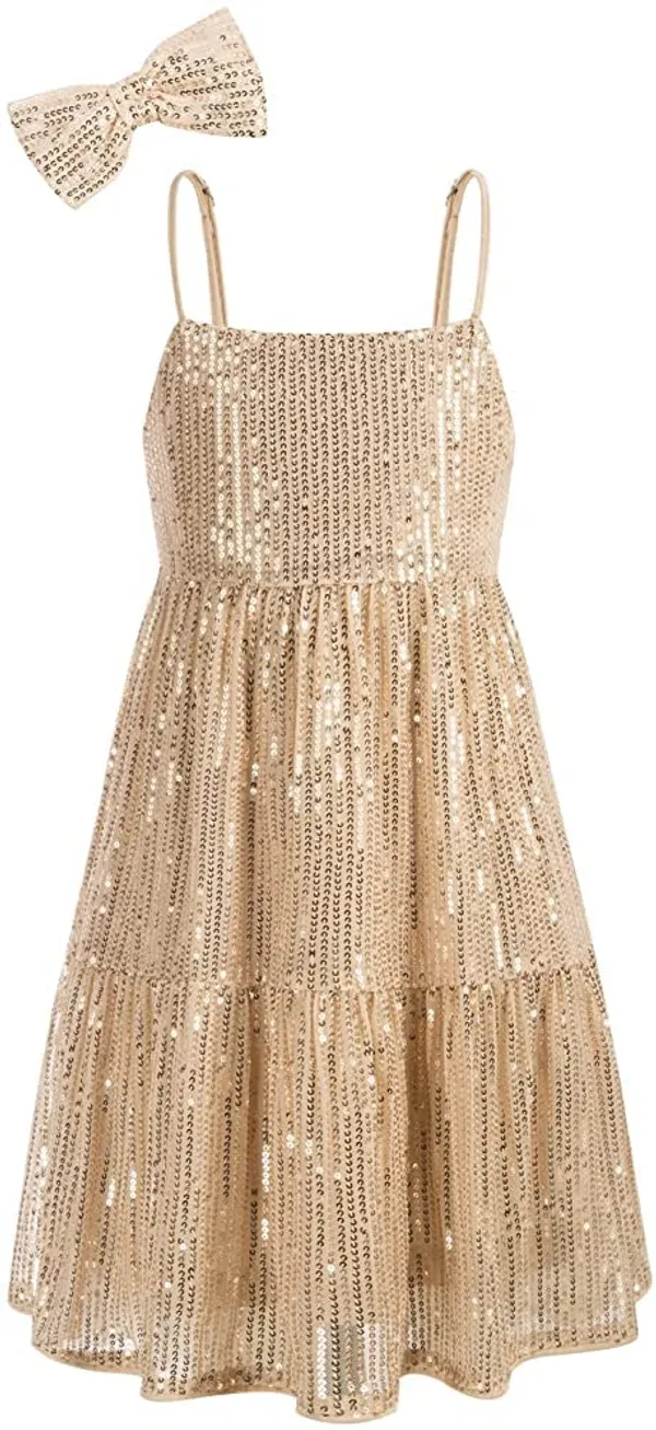 Golden_Cotton_Sequined_Square_Neck_Sleeveless_Dress_For_Girls