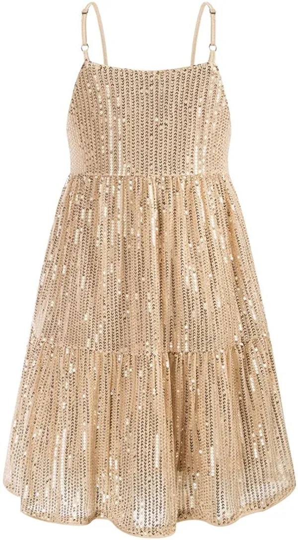 Golden_Cotton_Sequined_Square_Neck_Sleeveless_Dress_For_Girls