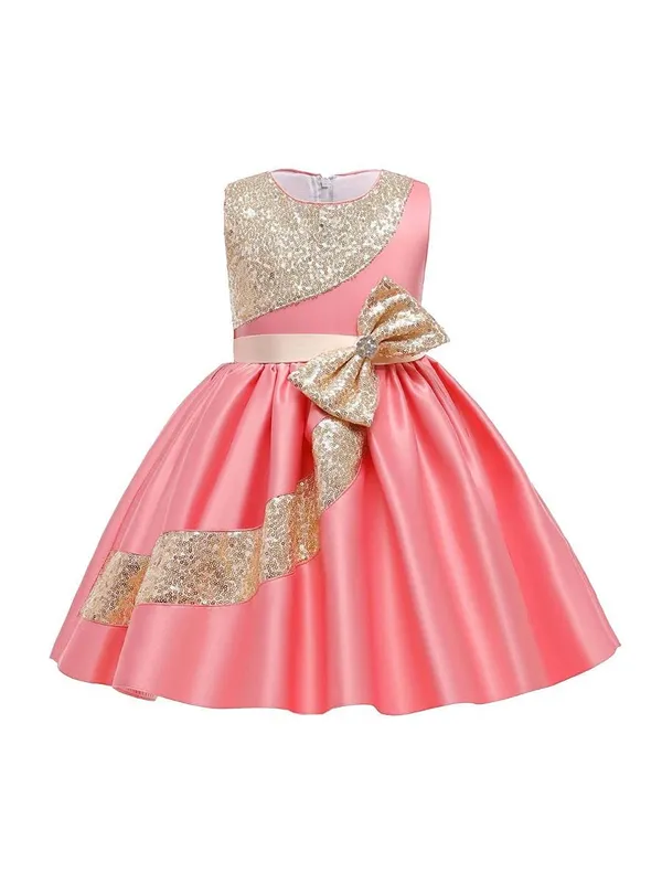 Coral_Satin_And_Sequined_Sequined_Round_Neck_Dress_For_Girls