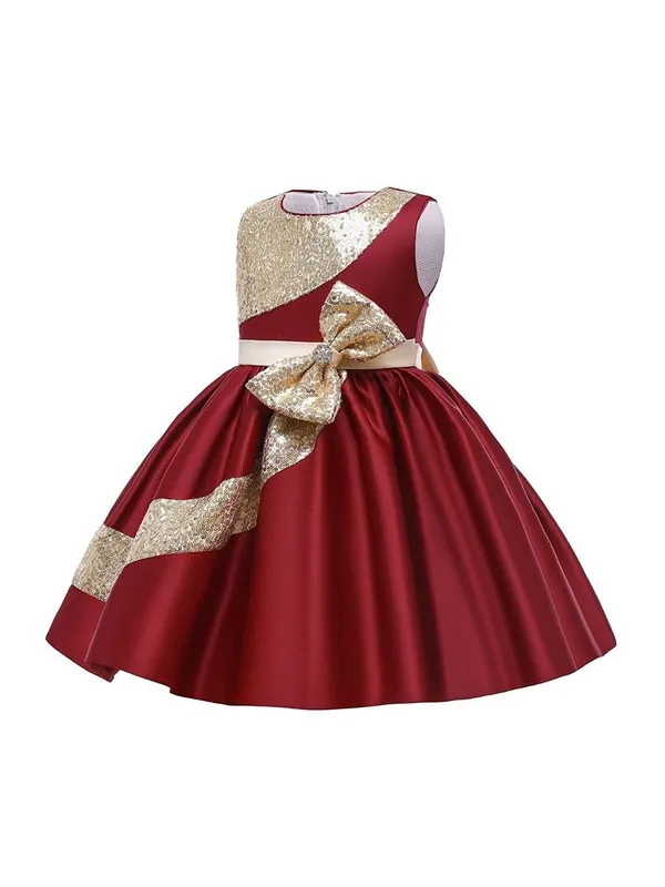Maroon_Satin_Sequined_Round_Neck_Dress_For_Girls