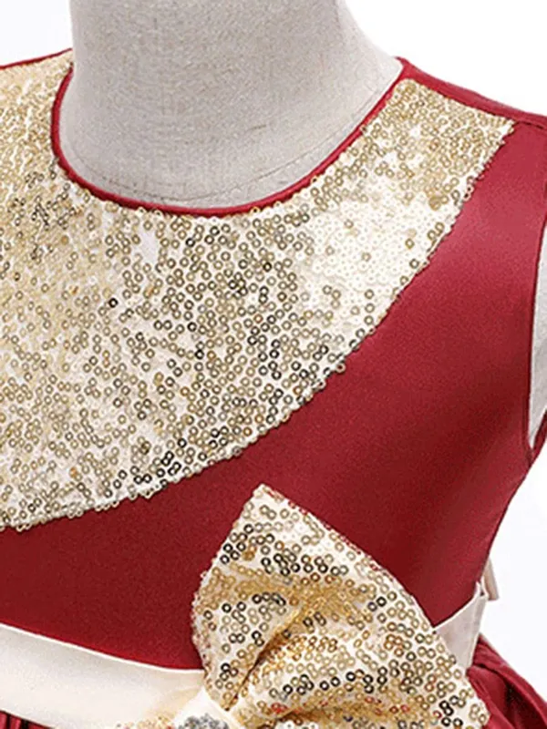 Maroon_Satin_Sequined_Round_Neck_Dress_For_Girls