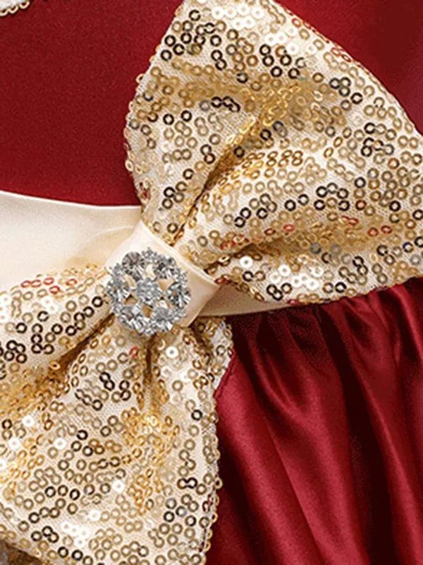 Maroon_Satin_Sequined_Round_Neck_Dress_For_Girls