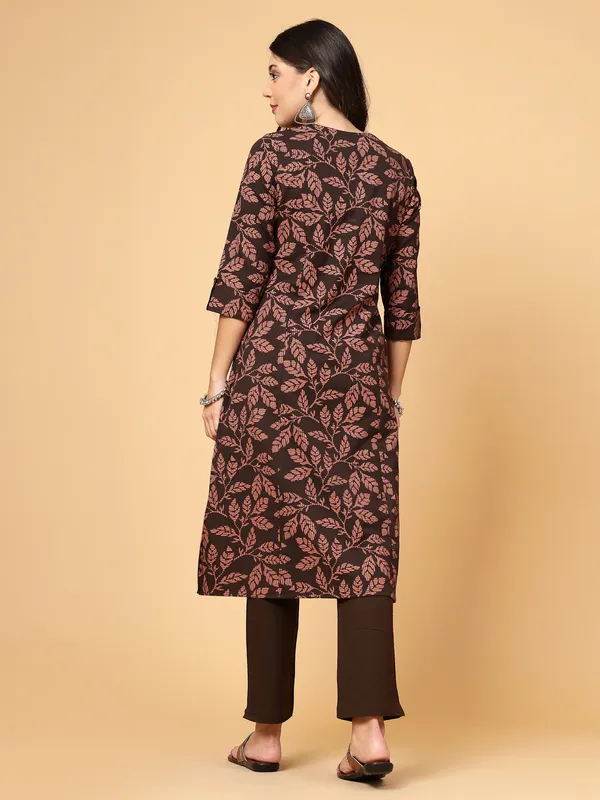 Slenna_Brown_Cotton_Floral_Printed_A-line_Kurta